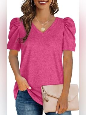 NWOT Size Small Xieerduo V-Neck Puff Sleeve Tee in Fuchsia